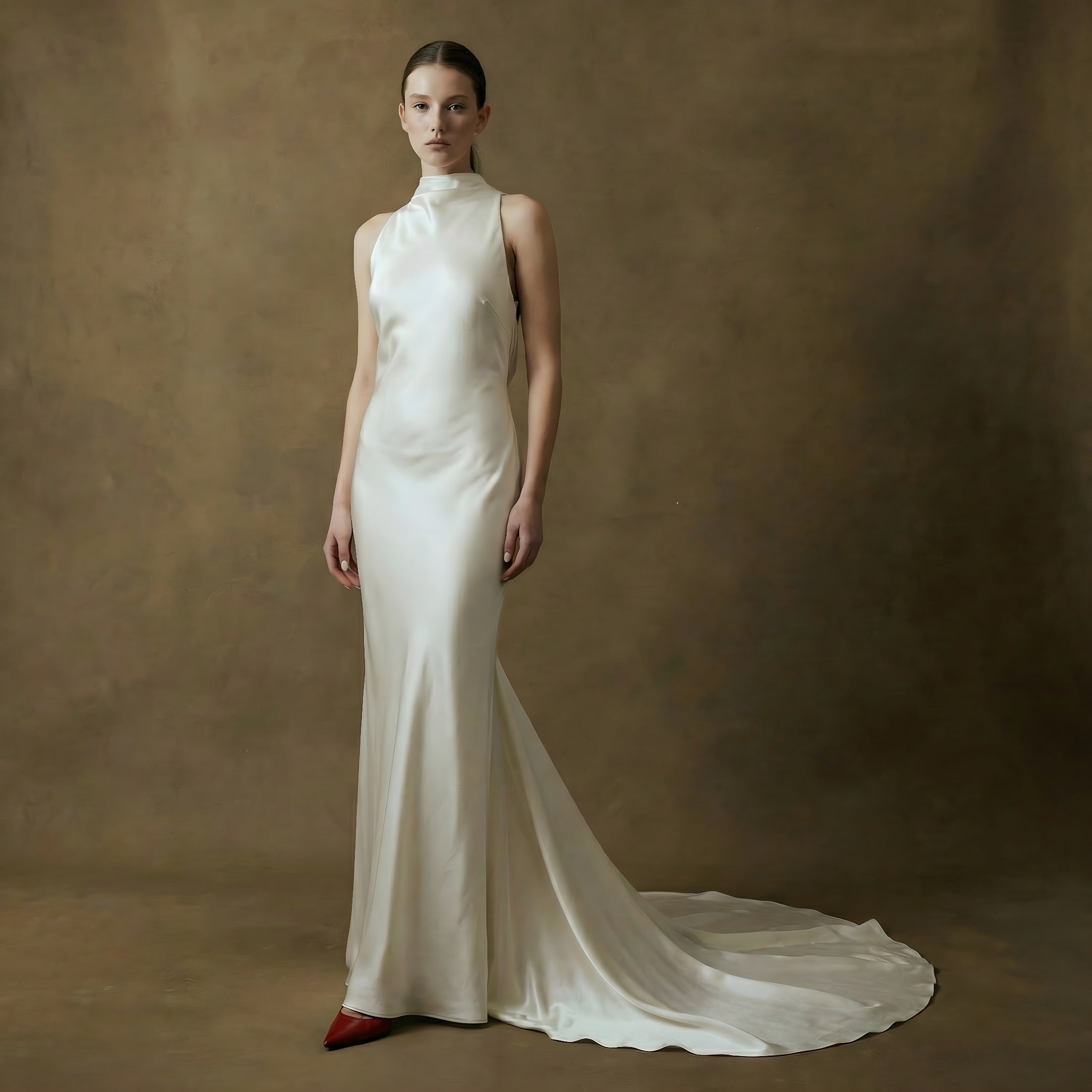 eksklusiv silkebrudekjole fra bridalstory halterneck dyb ryg fit and flare hos Maison Lou bridal atelier i køge, sjælland, danmarks bedste brudekjolebutik.