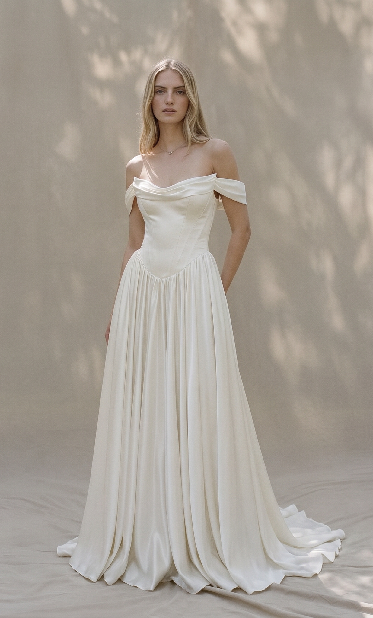 silkebrudekjole med basque talje offshoulder ærmer, fyldigt skørt hos Maison Lou bridal atelier i Køge, sjælland, danmarks bedste brudekjolebutik